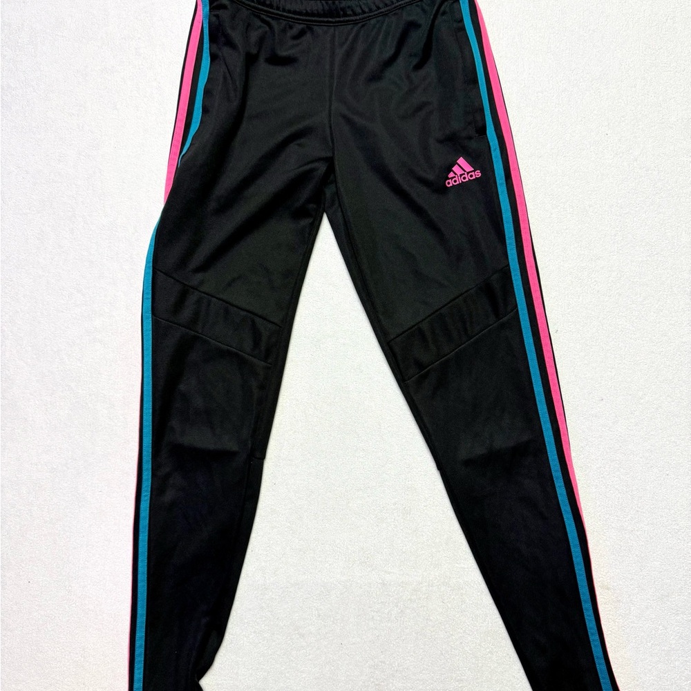 adidas Black Track Pants with Pink & Teal Side Stripes
